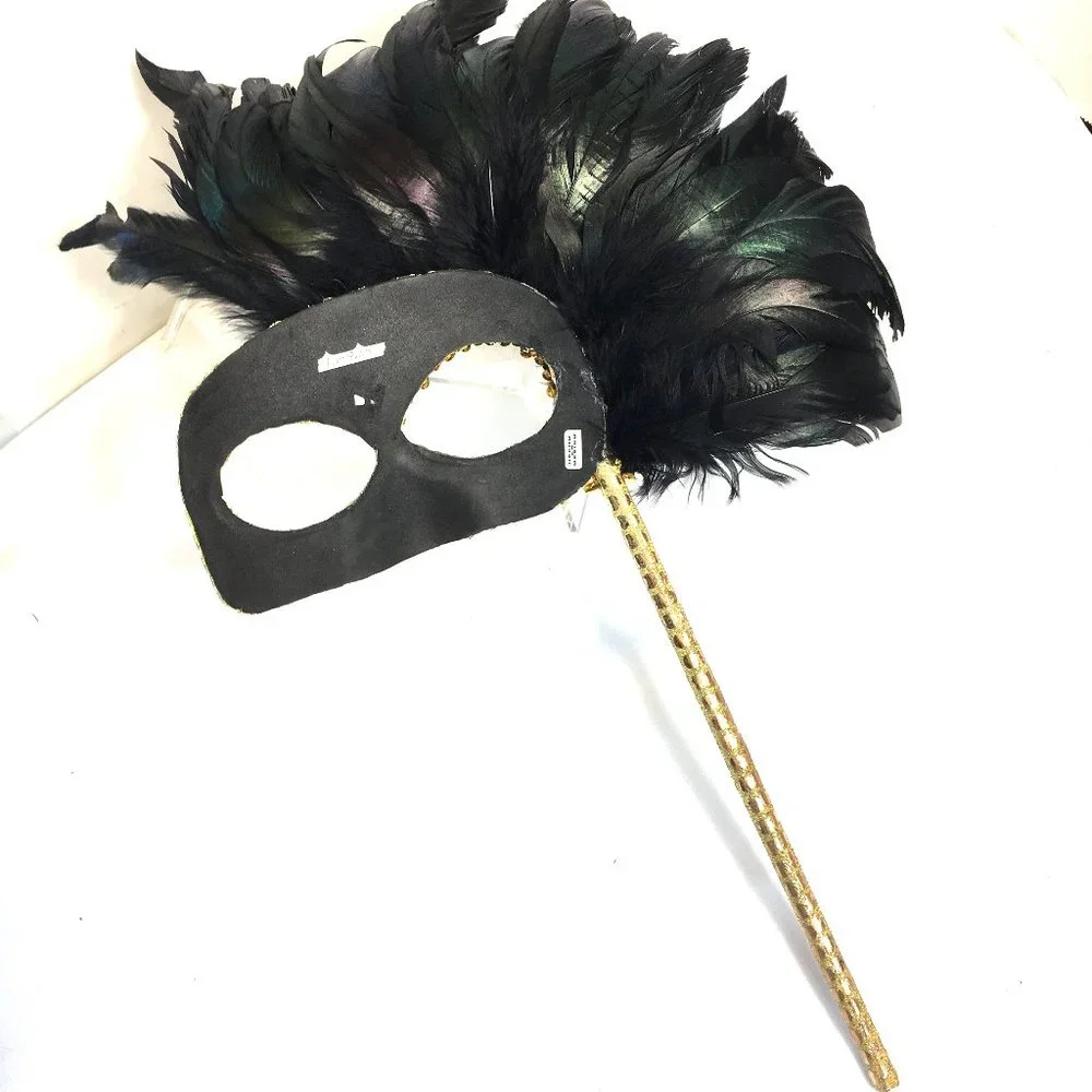 VENETIAN Harlequin Gold Sequin Mask w Blk Feathers w/ Handle NWOT NOS